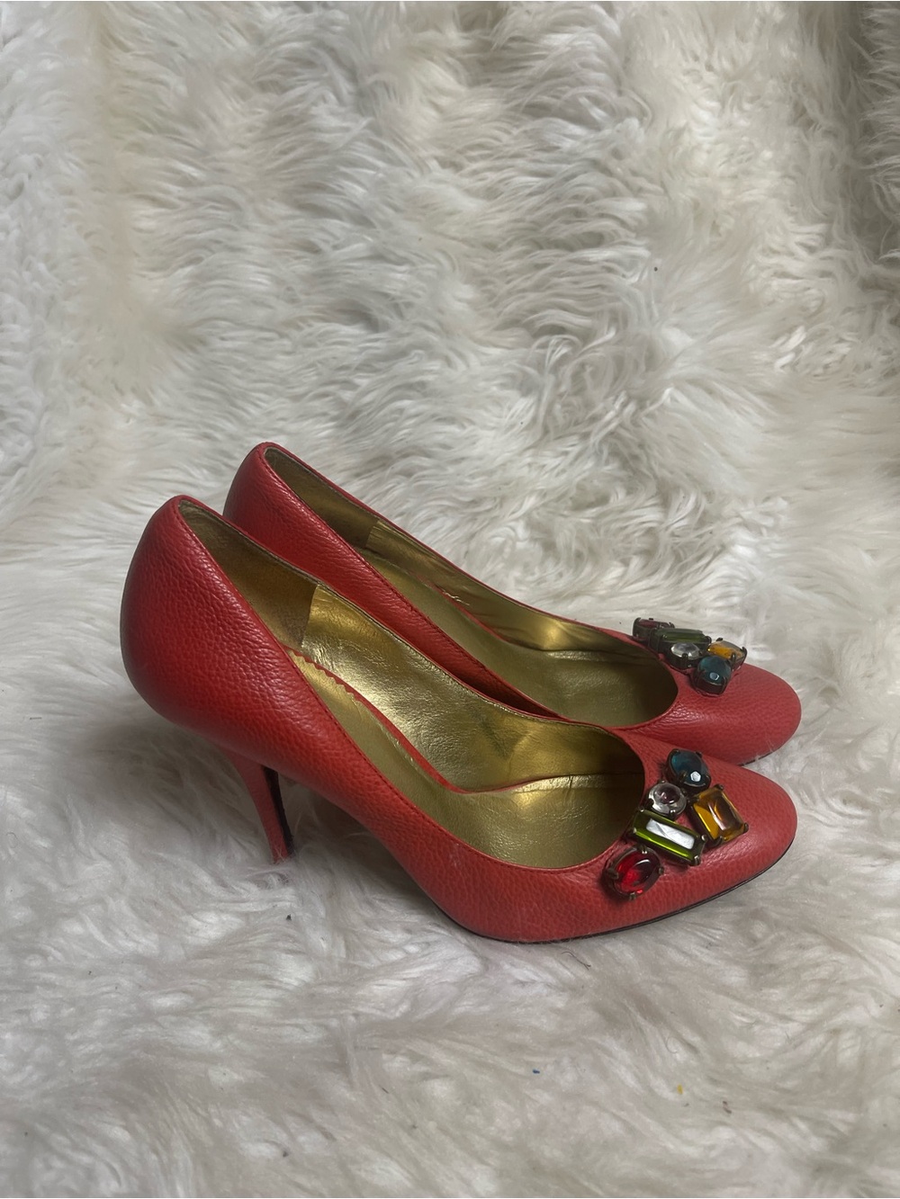 Report Signature leather blood orange slip on heel multi color stones accentSZ10